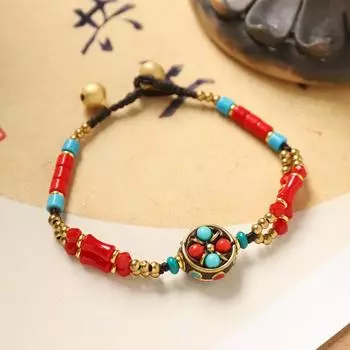 Double-layer woven Tibetan Nepalese bracelet men s and women s retro hand rope Exotic wind bell bracelet.