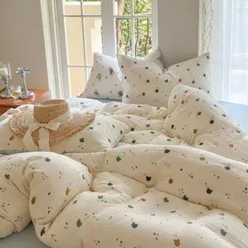 Double-Layer Yarn 4Pcs Set, Wrinkled Yarn 4Pcs Set, Cotton Home Textile Quilt Set 1.5m bed sheet 4pc