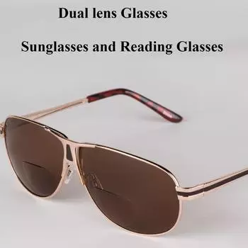 Double Lens Sunglasses and Reading Glasses Dual Function Glasses Metal Eyeglass Frame Sunglasses +250 темно-коричневого