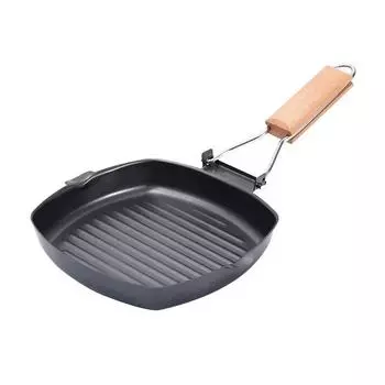 Double Mouth Steak Pan Picnic Grill Pan Portable Foldable Frying Pan Anti-scald Wooden Handle Outdoor Thickened Grill Pan