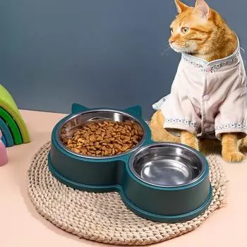 Double Pet Food Bowl Stainless Steel Drinkware Pet Drinking Food Dog Puppy Feeding Supplies Kitten Food Water Accessories зелёный
