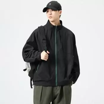 Спортивная куртка с двойными карманами и контрастной молнией, воротник-стойка, черная куртка, мужская, без капюшона, американский трендовый бренд, сезон M чёрный