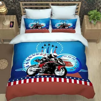 Double Sheets Set 3 Pieces 3D Sporty Cool Motorbike Bedding Set Quilt Duvet Cover Comforter Children Bed Birthday Gift W90xL190cm