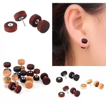 Double Sided Earings Natural Wooden Anti-Allergic Barbell Ear Stud Body Jewelry for Men Women чёрный