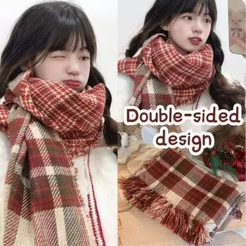 Double Sided Plaid Women Winter Scarf Warm Thicken Shawl Outdoor Fashion Luxury Tassels Lady Wrap Windproof Scarves чёрный