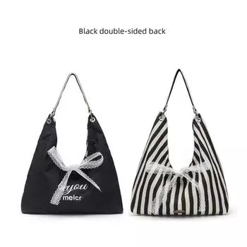 Double-Sided Red Stripes Canvas Bag Female Summer 2025 New Arrival Trendy Printed Shoulder Bag Student Class Bag Black Stripes double bread + silk scarf