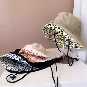 Двусторонняя летняя тонкая ветрозащитная рыболовная шляпа на шнуровке корейская версия для отдыха на открытом воздухе универсальная широкополая шляпа от солнца M56-58cm покинуть белый