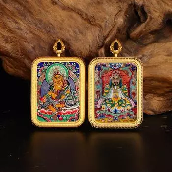 Double-Sided Thangka Pendant Copper-Plated Gold Zachilam Yellow God of Wealth Dragon Fifth Master Big Black Buddha Brand Tibetan Accessories Necklace Yellow God of Wealth + Dragon Fifth Master