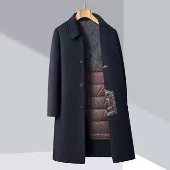 Double-sided woolen long coat for men with removable down lining, middle-aged and elderly thickened woolen wool buttoned lapel coat 165