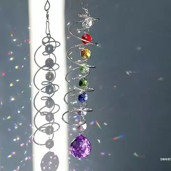 Double Spiral Crystal Suncatcher Rainbow Prism Pendant Garden Rotating Wind Chimes Window Hanging Decoration Accessories