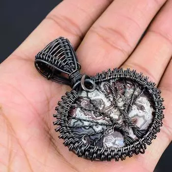 Двойное Дерево Жизни, сумасшедший кружевной агат, драгоценный камень, кулон из медной проволоки, ручная работа, великолепные ювелирные изделия 2.48 inches коричневый