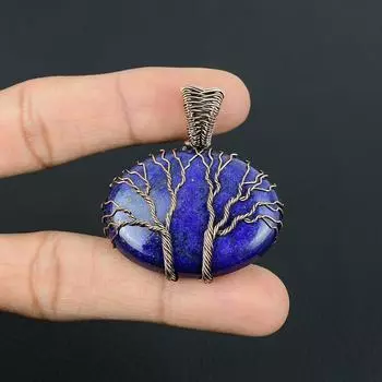 Двойное Древо Жизни, лазурит, драгоценный камень, чистая медная проволока, ручная работа, уникальный ювелирный кулон 2.56 Inches синий