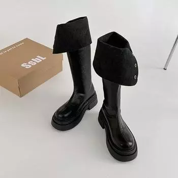 Double two wear folded thick-soled knight boots women s new fashion thick heel thin knee boots 35