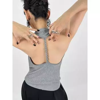 Double Z Pure Desire Style Sexy Hanging Neck Swing Collar Knit vest Women Summer Niche Twist Backless Outer Wear Top Grey All yards