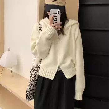 Double zipper hooded knitted cardigan women s autumn lazy style niche design sense stacked wearing short chic coat average size