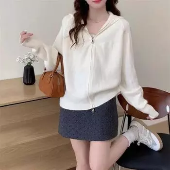 Double zipper hooded knitted sweater jacket women s autumn and winter new loose and thin retro casual versatile top average size