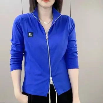 Double Zipper Stand Collar Solid Color Slim-Fit All-Match Long-Sleeve T-shirt Blue Long sleeves L
