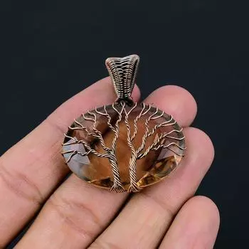 DoubleTree of Life Morganite Gemstone Медная проволока Wrap Кулон Ювелирный подарок 1.77 Inches оранжевый