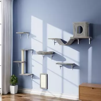 DoubleTT Cat Walk Set of Cat Wall DIY Cat Cat Подвесной кошачий коврик для кошек Когтеточка для кошек Лазание включает в себя когтеточку из сизаля Легко подходит для 10 кг 6 ступеней, бежевый