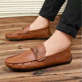 Doudou shoes men s 2025 spring and autumn new trend lazy casual leather shoes business shoes men s one-pedal light driving shoes 38 чёрный