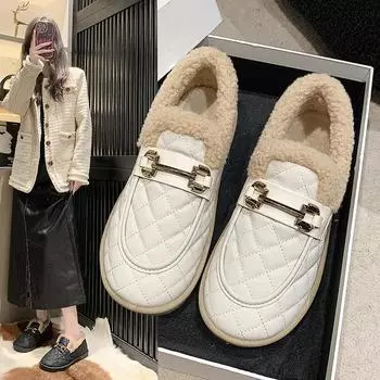 Doudou shoes women s 2025 new winter small fragrant style versatile velvet warm one-pedal loafers flat shoes 35 хаки