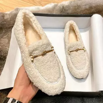 Doudou shoes women s autumn and winter versatile one-pedal velvet lamb wool cotton shoes flat-soled wool shoes large size women s shoes 40-43 34