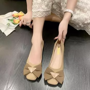 Doudou shoes women s spring new bow soft leather single shoes women s fashion shoes shallow mouth square head fashion Mary Jane shoes 35 бежевый