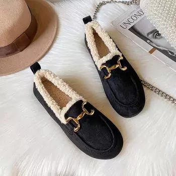 Doudou shoes women s winter velvet soft-soled retro Birkenstock shoes fluffy single shoes soft-soled cotton shoes large size women s shoes 41-43 33