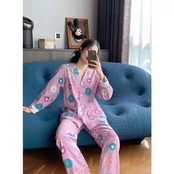 Пижама женская с принтом пончика, осенне-зимний женский домашний костюм с длинными рукавами, однобортный, с удобными карманами, пижамный костюм для женщин XS