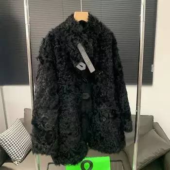 Douyin популярная новая овечья шерсть небольшого озера овчина мех интегрированный вьющийся волос длинный женский мех для одежды M (within 60kg) чёрный