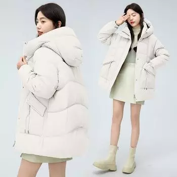 Пуховик женский зимний новый 2025 модный стиль свободный с капюшоном средней длины холодное и теплое пальто M чёрный