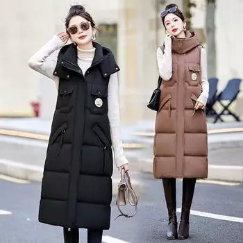 Пуховый хлопковый жилет черного золота для женщин, длинный до колена, осенне-зимний внешний жилет с капюшоном, универсальная тонкая куртка M чёрный