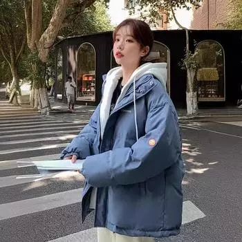 Down cotton clothes new thickened hooded women s clothing 2024 winter cotton clothes Korean version fake two pieces loose cotton clothes bread clothes S синий