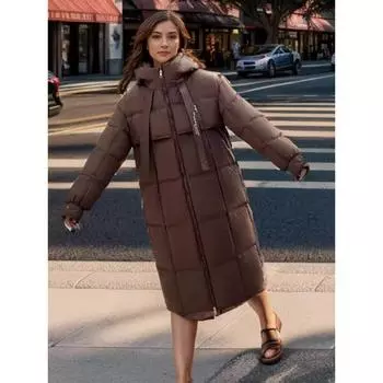 Пуховая хлопковая одежда женская средняя и длинная до колена с капюшоном свободная модная универсальная хлопковая утепленная куртка M [Recommended below 65kg]