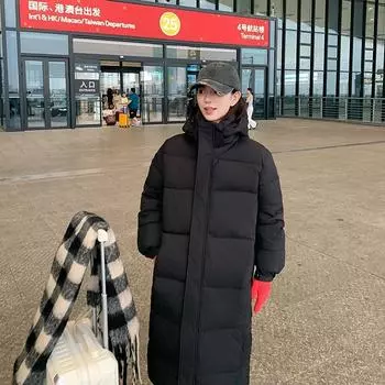 Down cotton-padded clothes Women s long version Loose hooded thickened knee winter jacket Padded jacket 2024 New S чёрный