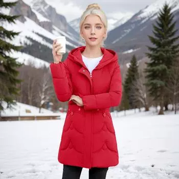 Down cotton-padded clothes women s medium and long models, winter slim-fitting thickened thermal hooded cotton-padded jacket M [Recommended below 50 kg] чёрный