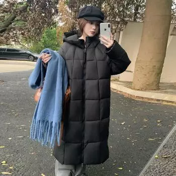Down cotton-padded jacket long 0 temperament hooded over knee season cotton-padded jacket S