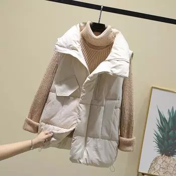 Down cotton vest female student Korean version loose vest jacket autumn and winter new vest outside simple vest M чёрный