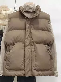 Жилет из хлопка для женщин выглядит тонким и свободным, осень-зима 2024 года, новый дизайн без рукавов с воротником-стойкой, жилет с чувством талии, прилив M