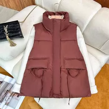 Жилет из хлопка для женщин, осень и зима, новая корейская версия, тонкий короткий жилет без рукавов, модная куртка с карманом и стримером M чёрный