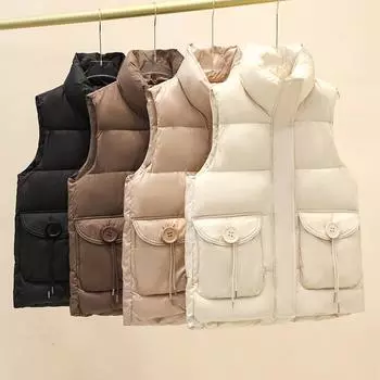 Down cotton vest women s autumn and winter new Korean version loose versatile and thin short sleeveless vest big pocket coat M чёрный