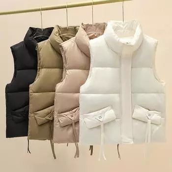 Down cotton vest women s autumn and winter new Korean version thin short sleeveless vest fashion pocket streamer jacket M чёрный