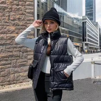 Жилет женский пуховый хлопковый осенне-зимний корейский вариант свободный большой карман короткий блестящий жилет без рукавов жилет куртка прилив S белый