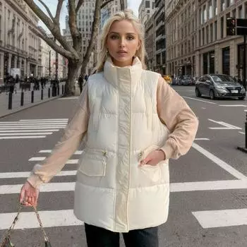 Down cotton vest women s winter 2024 new medium and long Korean version loose thickened sleeveless vest jacket vest S белый