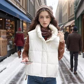 Down cotton women s vest autumn and winter new PU stand-up collar loose cotton vest outer wear cotton vest L чёрный