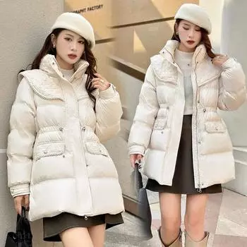 Down jacket femininity pack thickened waist 2024 thin design pearl trim winter new warm jacket S чёрный