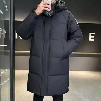 Down Jacket Men s Mid-length Winter New Fashion Versatile Thickened Warm White Duck Down Hooded Jacket for Men S