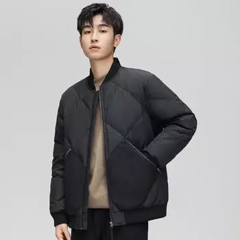 Пуховик мужской зимний стиль молодежный короткий однотонный воротник стойка теплая свободная ромбовидная бейсбольная куртка мужской стиль M