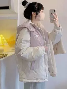 Пуховик женский 2024 зима в стиле колледжа милый медведь контрастный цвет сращивание утолщенная хлопковая подкладка одежда хлеб хлопковая подкладка одежда S