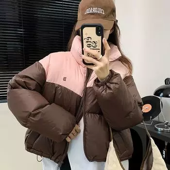 Down jacket women s high-end women s 2024 winter new Korean version stand-up collar contrasting color short loose bread thickened coat one size fits all розовый